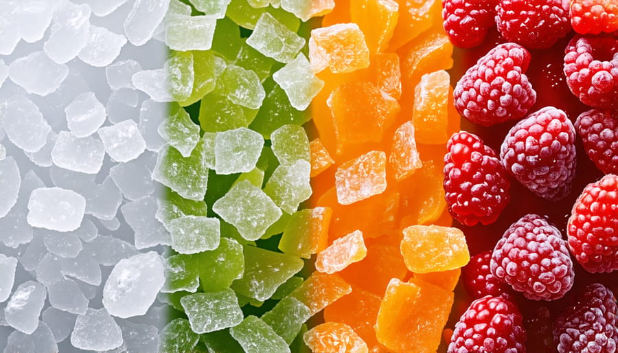 Freeze-dried fruits and candies displayed side by side