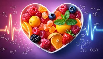 "A heart-shaped bowl filled with colorful freeze-dried fruits like strawberries, apples, and mangoes, symbolizing heart health and nutrition benefits, surrounded by representations of vitamins and antioxidants."