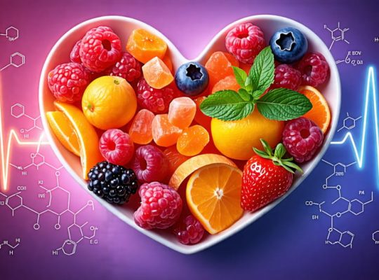 "A heart-shaped bowl filled with colorful freeze-dried fruits like strawberries, apples, and mangoes, symbolizing heart health and nutrition benefits, surrounded by representations of vitamins and antioxidants."