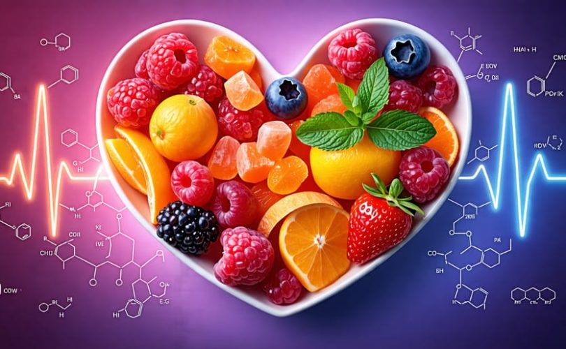 "A heart-shaped bowl filled with colorful freeze-dried fruits like strawberries, apples, and mangoes, symbolizing heart health and nutrition benefits, surrounded by representations of vitamins and antioxidants."