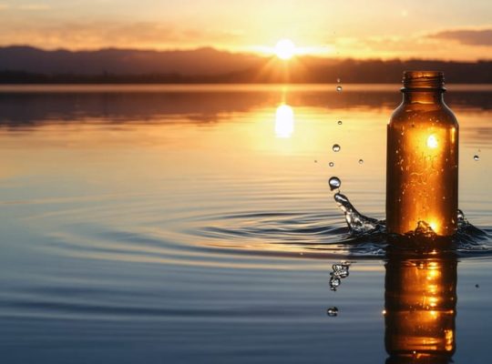 A gentle sunrise over a tranquil lake with the silhouette of an HHC gummy bottle in the foreground, symbolizing hope and mental well-being for stroke recovery.