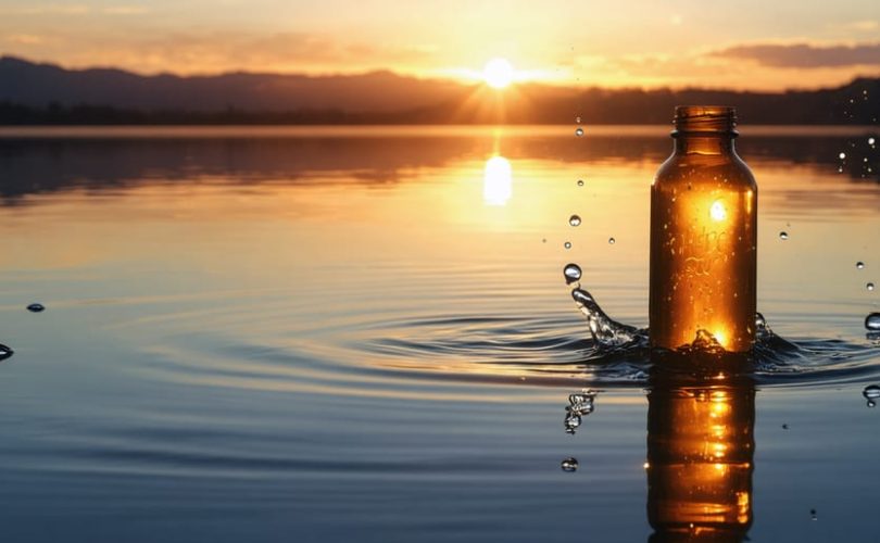 A gentle sunrise over a tranquil lake with the silhouette of an HHC gummy bottle in the foreground, symbolizing hope and mental well-being for stroke recovery.