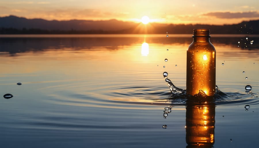 A gentle sunrise over a tranquil lake with the silhouette of an HHC gummy bottle in the foreground, symbolizing hope and mental well-being for stroke recovery.