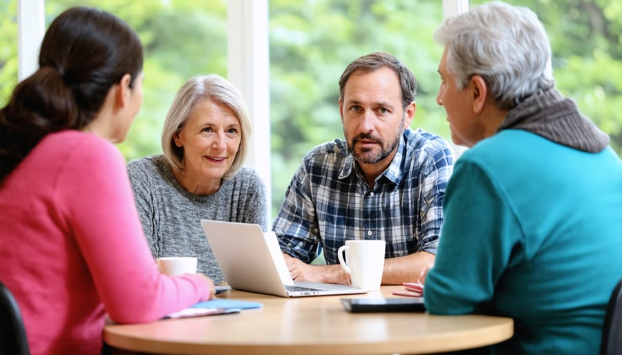 Support group meeting with stroke survivors engaging in discussion and sharing experiences