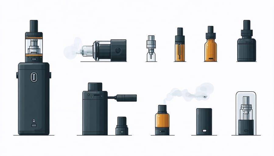 Illustration showing a vaping device and its components like the battery, coil, and e-liquid