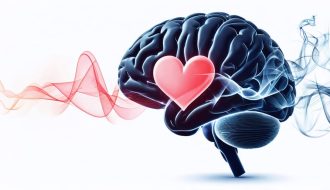 Illustration depicting a human brain and heart intertwined with vapor trails, symbolizing the impact of vaping on cardiovascular health and stroke recovery.