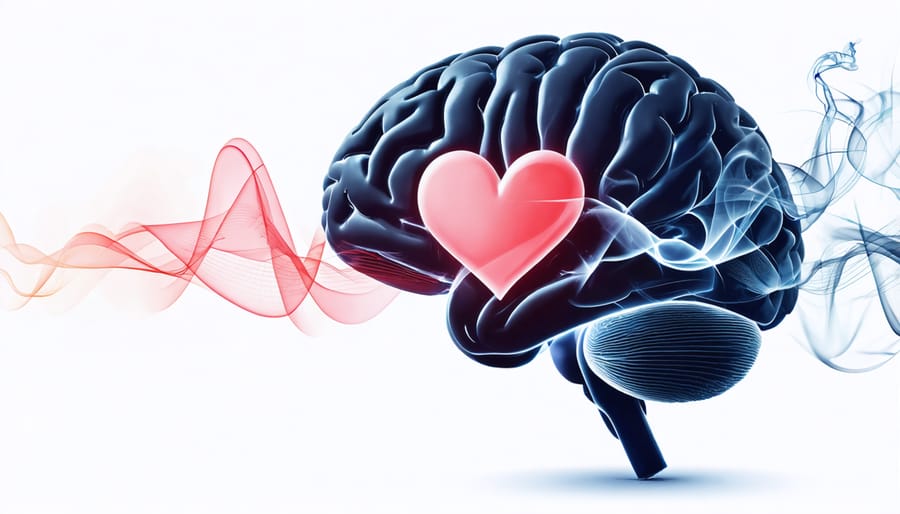 Illustration depicting a human brain and heart intertwined with vapor trails, symbolizing the impact of vaping on cardiovascular health and stroke recovery.